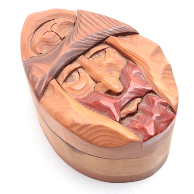 Artist Signed Hand-Carved Wood Box of Man's Face