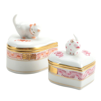 Herend Porcelain Trinket Boxes with Kitten and Rabbit