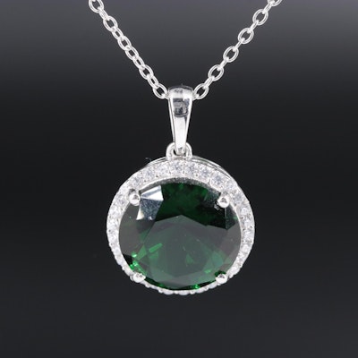Sterling Pendant Necklace Featuring Emerald and Cubic Zirconia