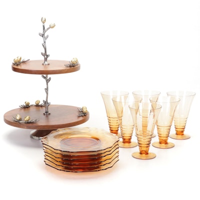 Cambridge Glass Amber Decagon Luncheon Plates, Wood & Pewter Tidbit Tray, & More