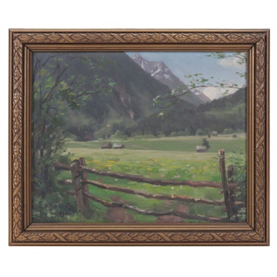 Landscape Oil Painting of Mountain Valley Pasture, 1934
