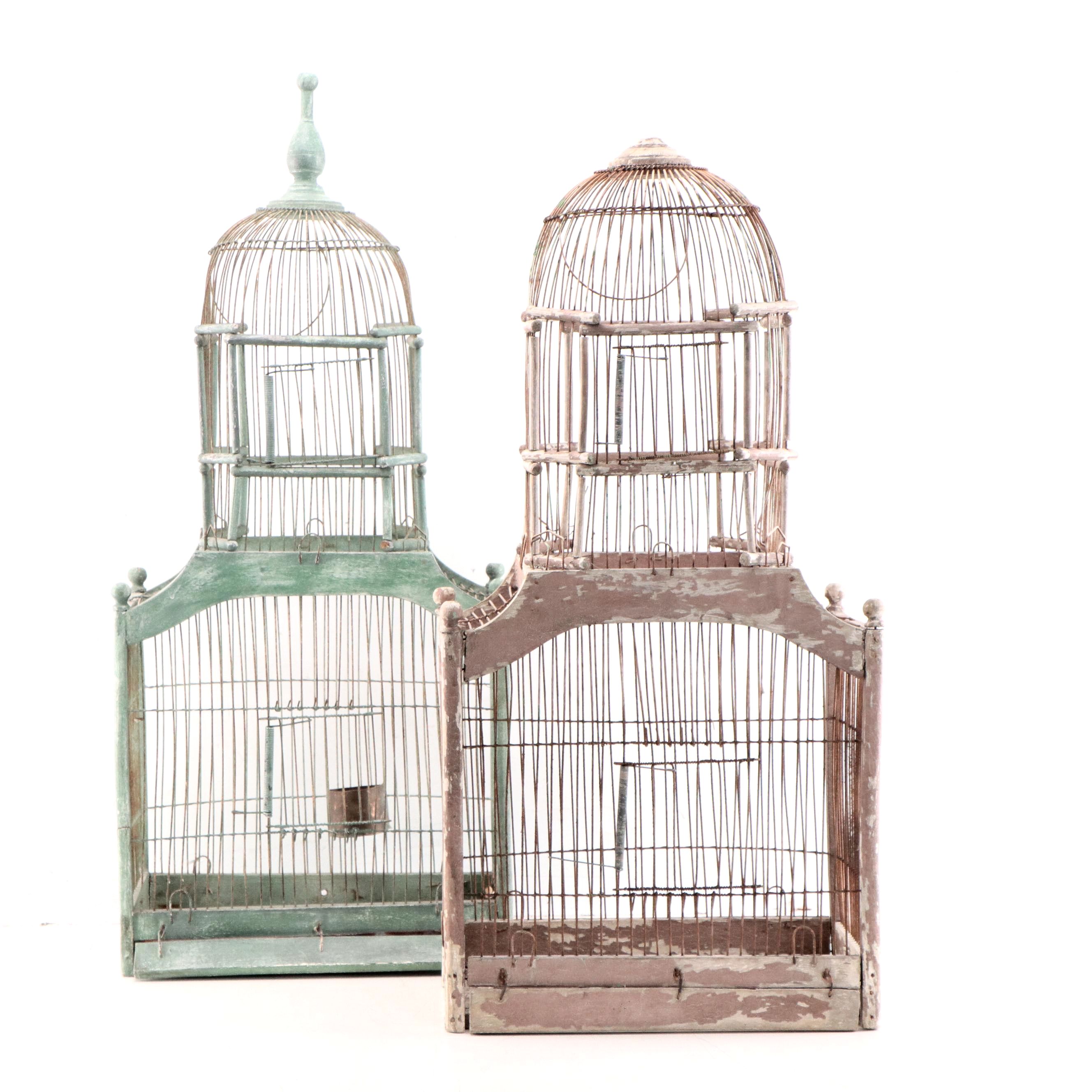 Victorian Style Green and Pink Painted Wood and Wire Bird Cages | EBTH