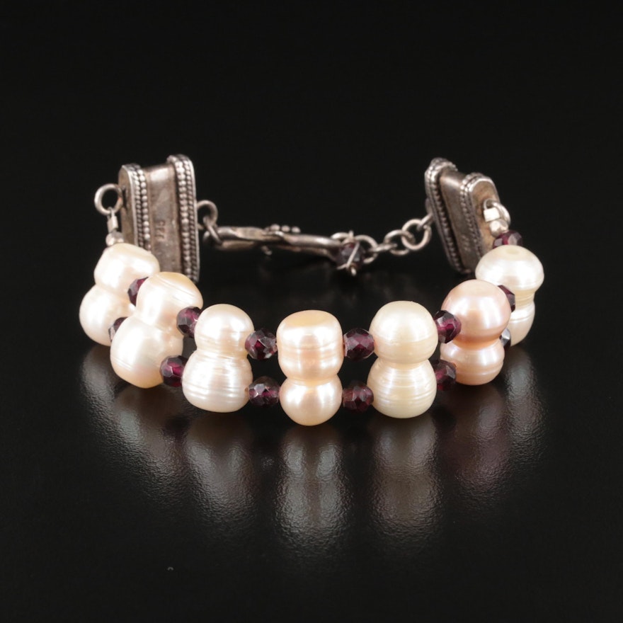 Sterling Pearl and Garnet Double Row Bracelet