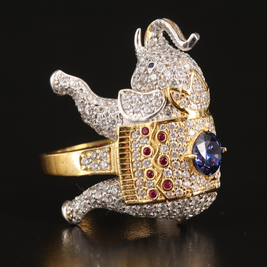 Sterling Cubic Zirconia and Ruby Elephant Ring