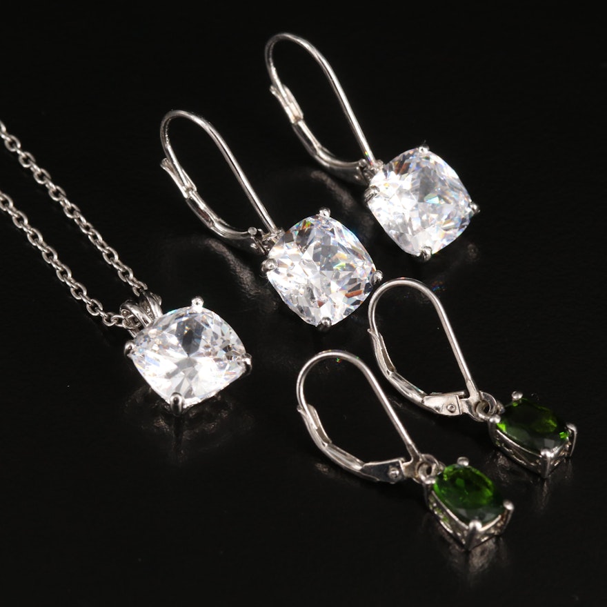 Sterling Necklace and Earrings with Diopside and Cubic Zirconia
