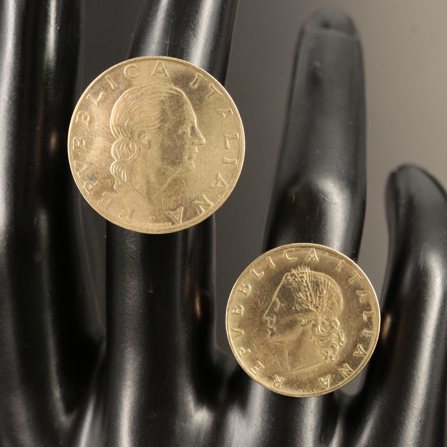 Italian 20-Lire Coin and Italian 200-Lire Coin Rings with 14K Components