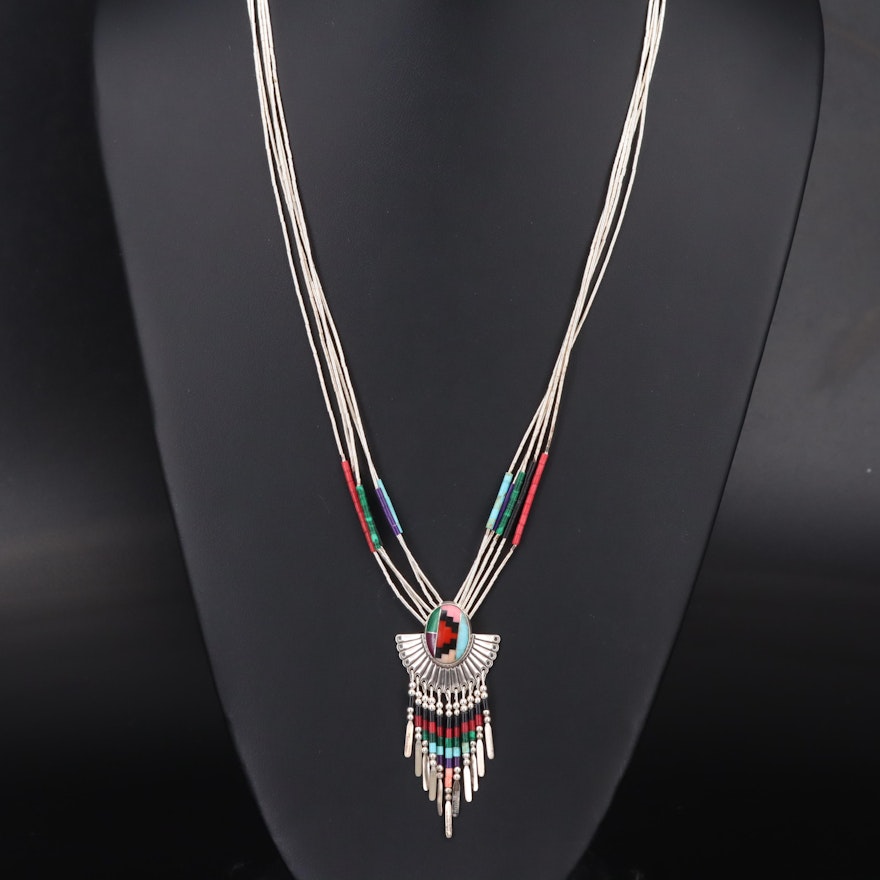 Southwestern Sterling Gemstone Inlay Necklace