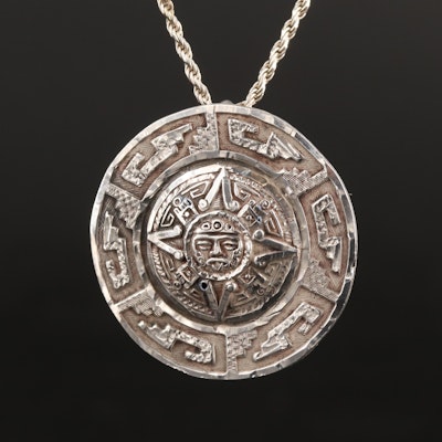 Sterling Aztec Calendar Converter Pendant Necklace