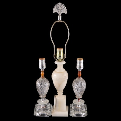Pair of Pressed Glass Boudoir Lamps With Carved Alabaster Table Lamp, Mid-20th C