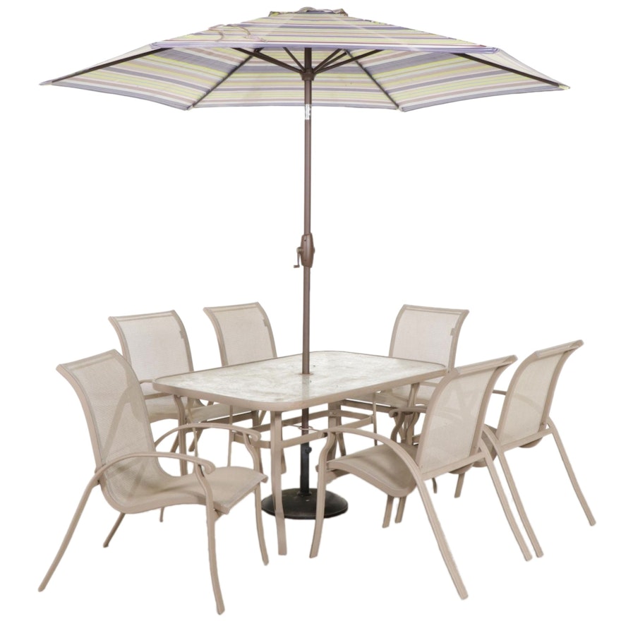 Seven-Piece Aluminum Frame Patio Dining Set With Umbrella