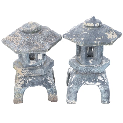 Two Painted Concrete Garden Pagoda Statues