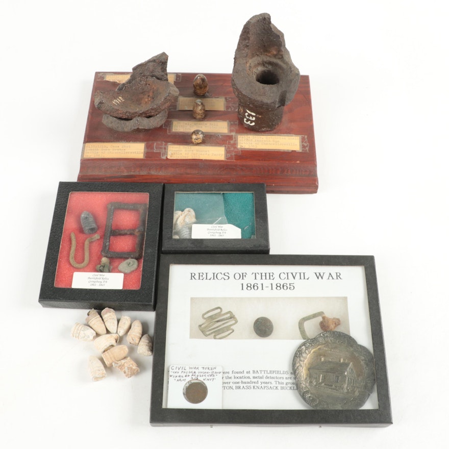 Civil War Era Ammunition and Relic Displays, Including Hotchkiss Shell Remnant