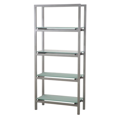 Modernist Style Metal, Slatted Wood, and Frosted Glass Shelving Unit