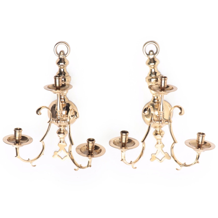 Pair of Dutch Baroque Style Double-Arm Brass Finish Candle Sconces
