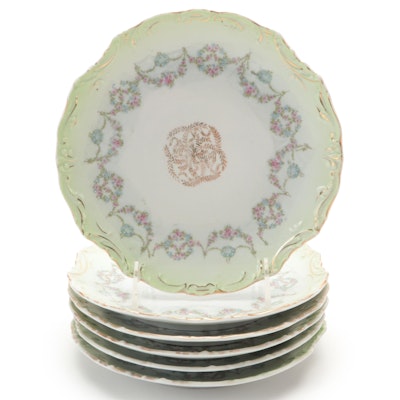 Continental European Floral Wreath Gilt Accented Porcelain Dessert Plates