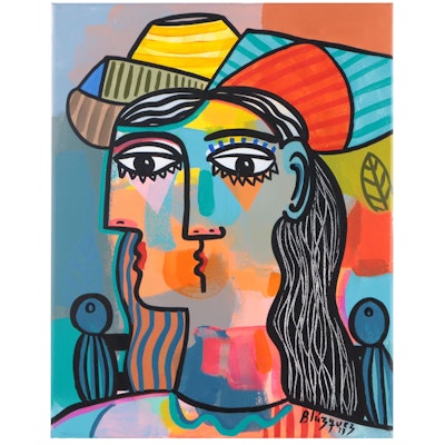 Michel Blázquez Acrylic Painting "Sitting Woman with Hat," 2023