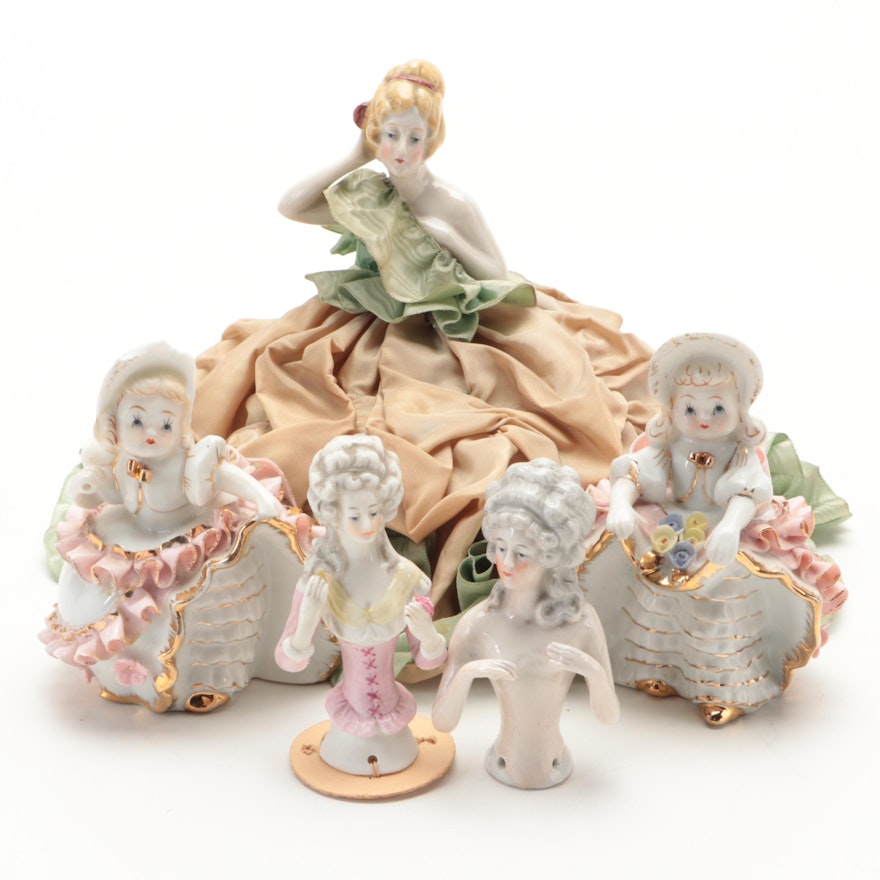 German Porcelain Half Dolls and Pin Cushion with Lefton Porcelain Figurines