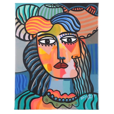 Michel Blázquez Acrylic Painting "Woman with Hat," 2023
