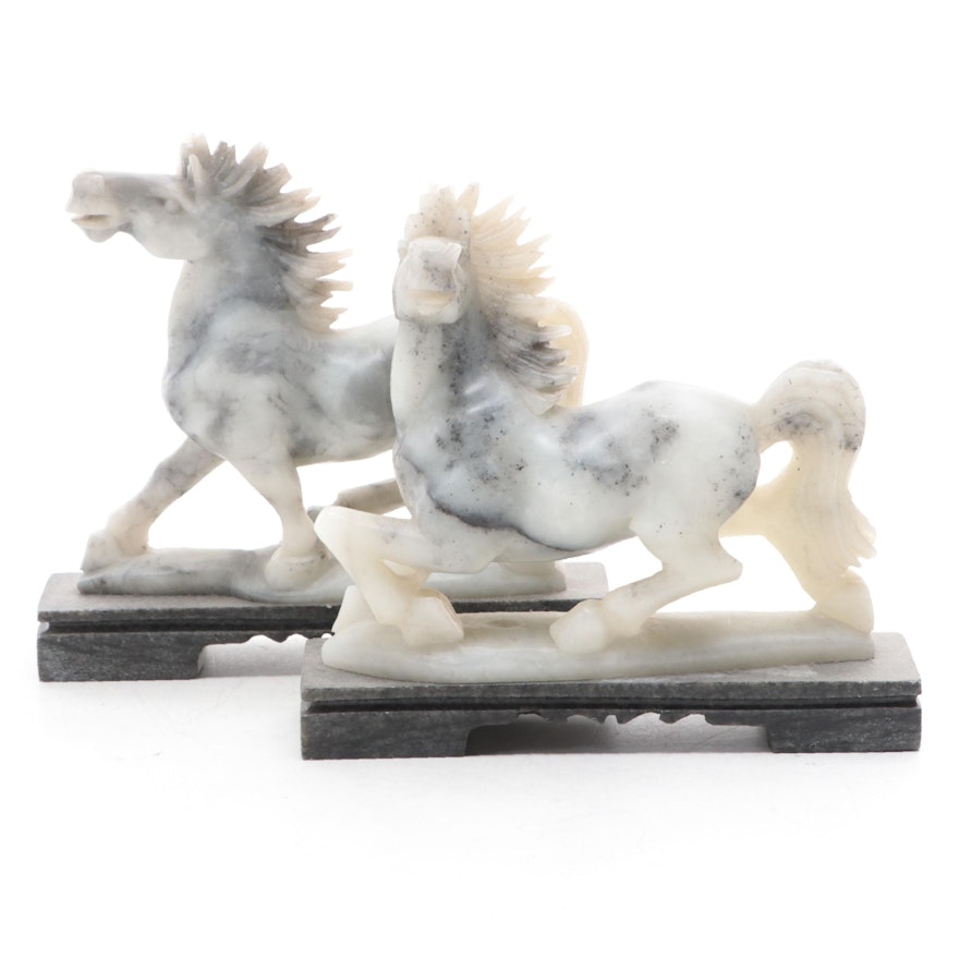 Chinese Carved Soapstone Horses on Stone Pedestals