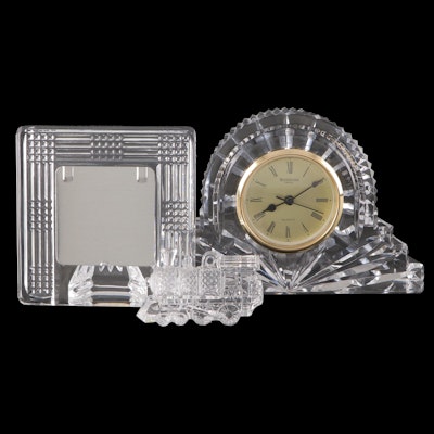 Waterford Crystal Desk Clock with Train Engine Ornament and Square Photo Frame