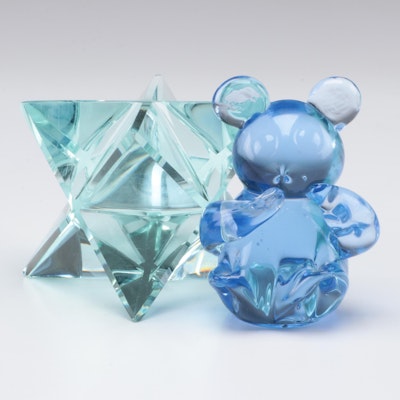 Blue Glass Panda Bear and Eight-Point Glass Star Figurines