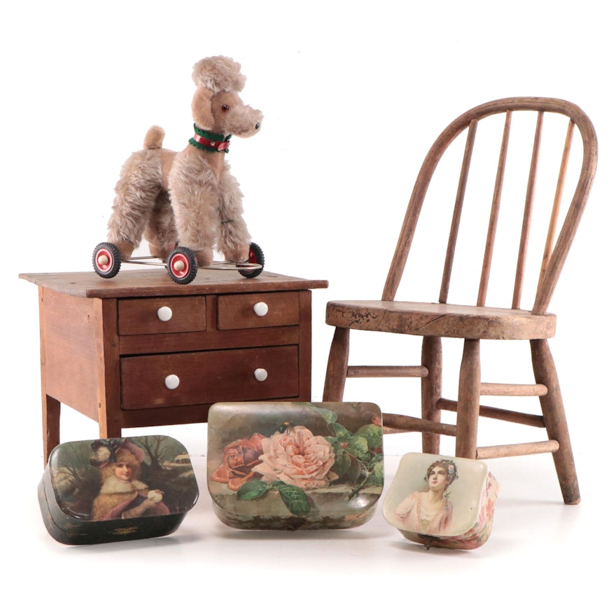 Metal Decorative Boxes, Child's Chair & End Table, and Toy Dog