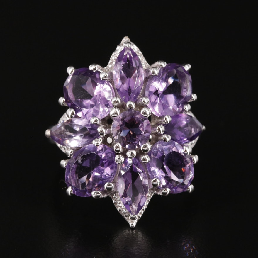 Sterling Amethyst and White Topaz Cluster Ring