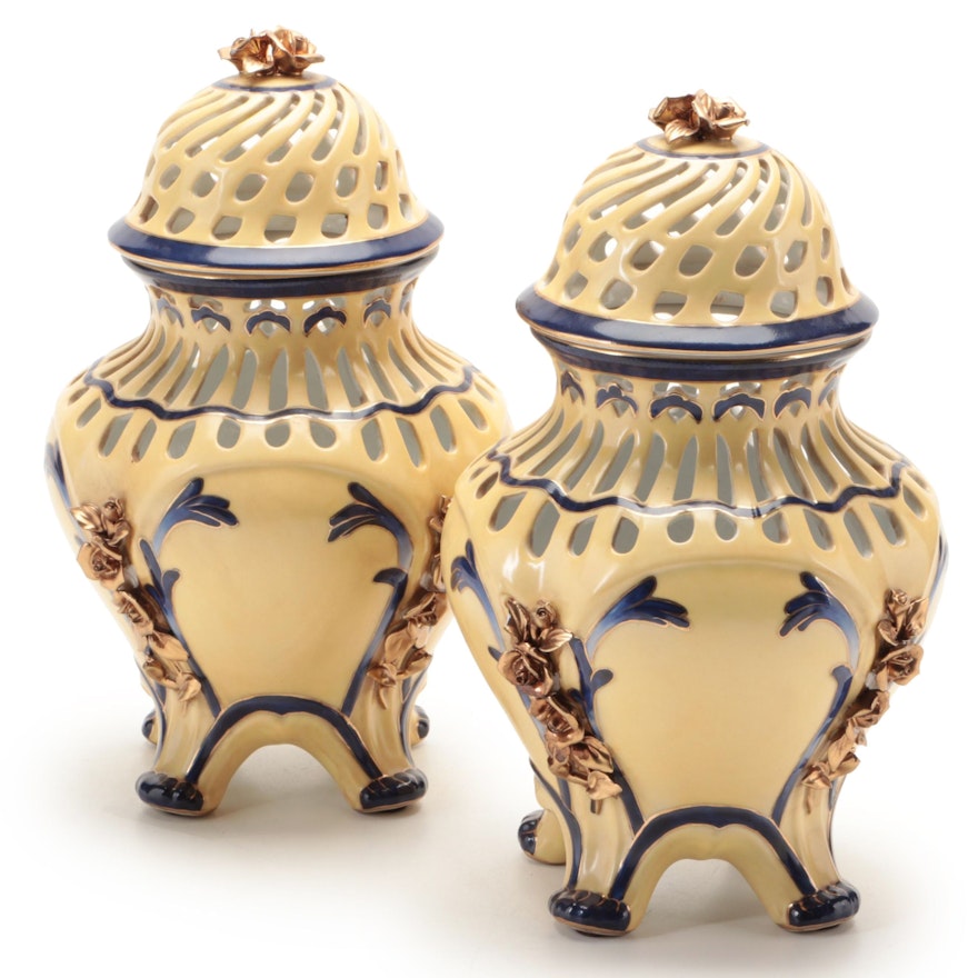 Speer Collectibles Gilt Accented Hand-Painted Porcelain Reticulated Temple Jars