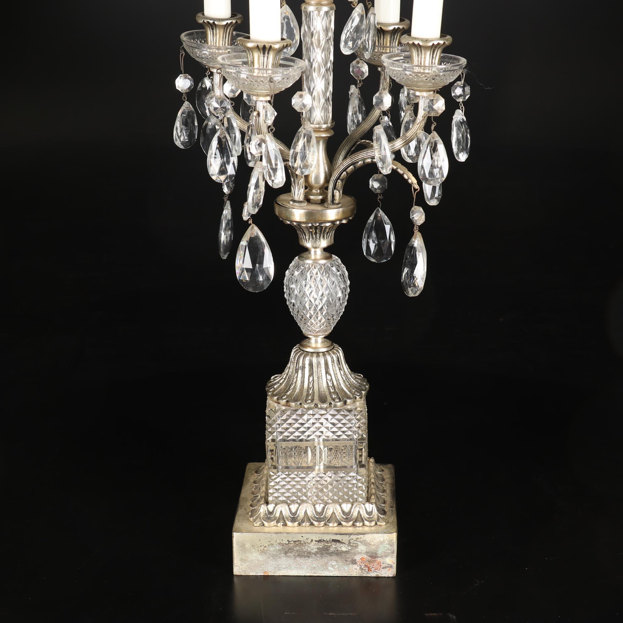 Metal and Glass Candelabra Table Lamp with Crystal Prisms EBTH