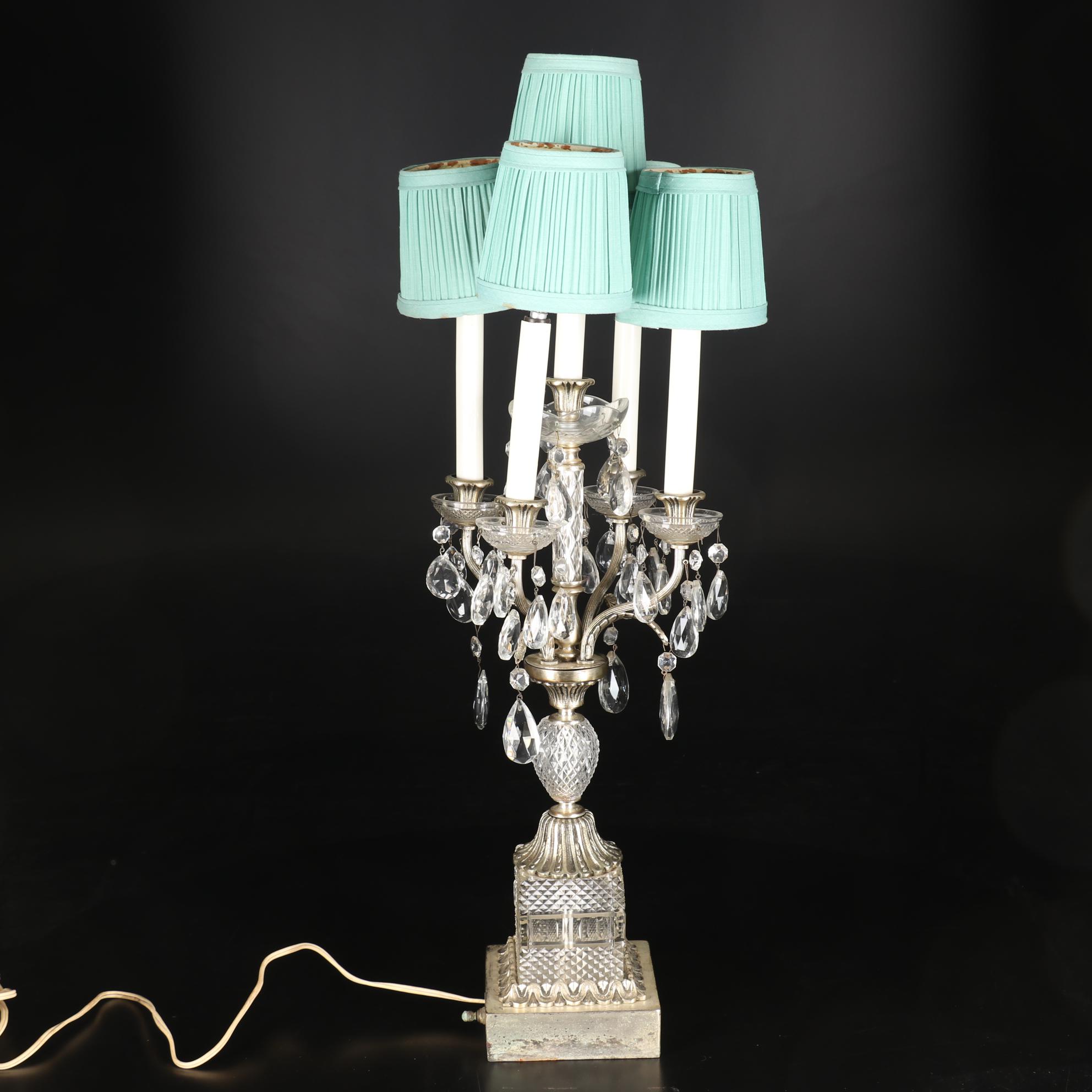 Metal and Glass Candelabra Table Lamp with Crystal Prisms EBTH