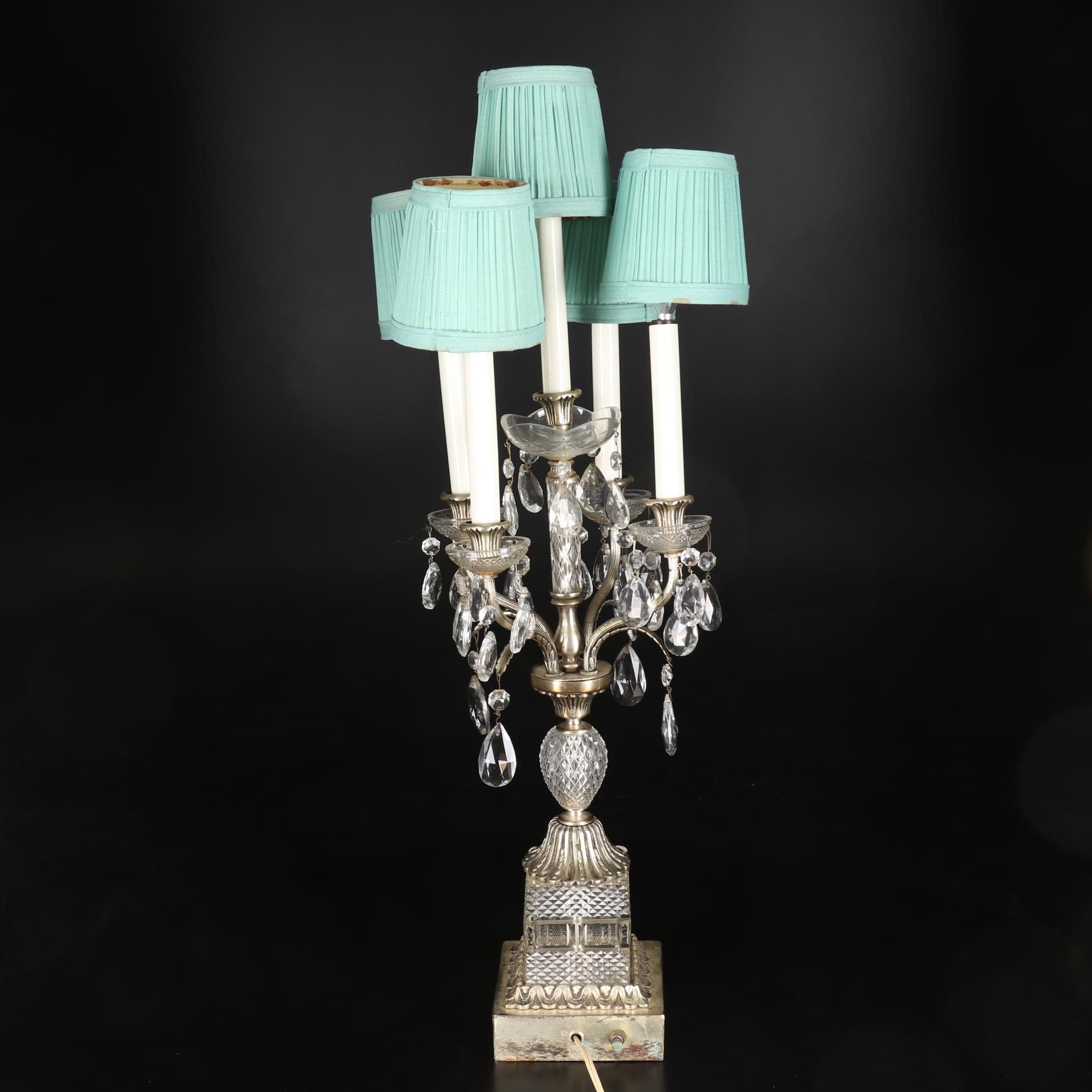 Metal and Glass Candelabra Table Lamp with Crystal Prisms EBTH