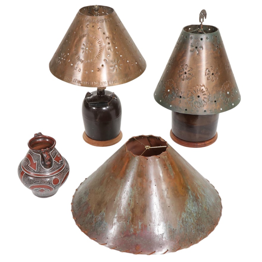 Crock Table Lamps with Punched Copper Shades, Brazilian Pot, & More