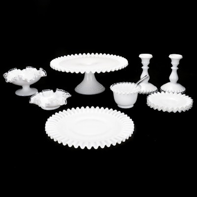 Fenton "Silver Crest" Hobnail Milk Glass Cake Stand, Candlestick Compote, & More