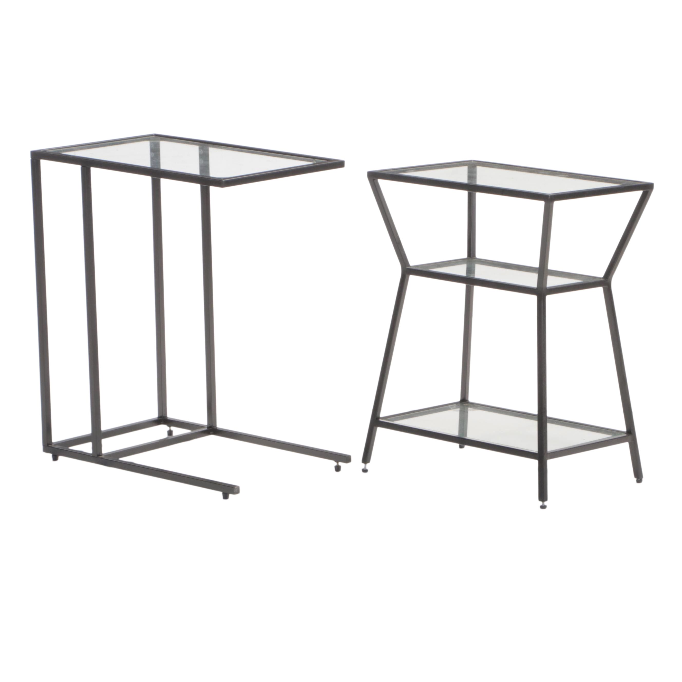 Two Modernist Style Black Metal and Glass Top Side Tables EBTH