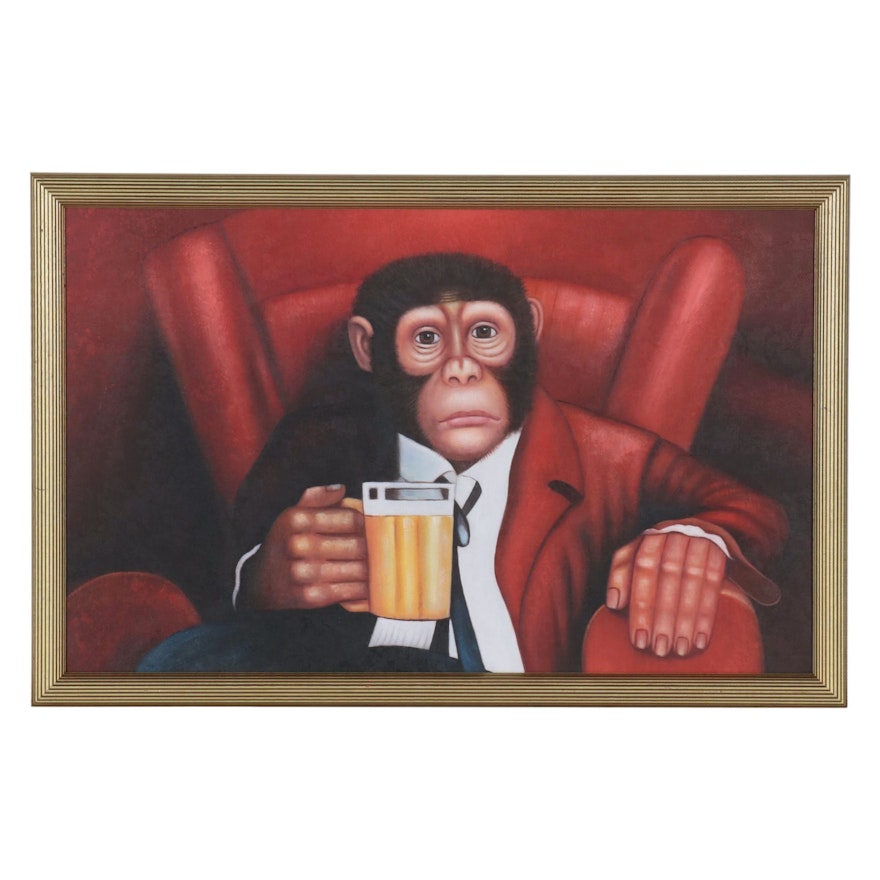 Oil Painting of Anthropomorphic Chimpanzee Drinking Beer, Late 20th Century