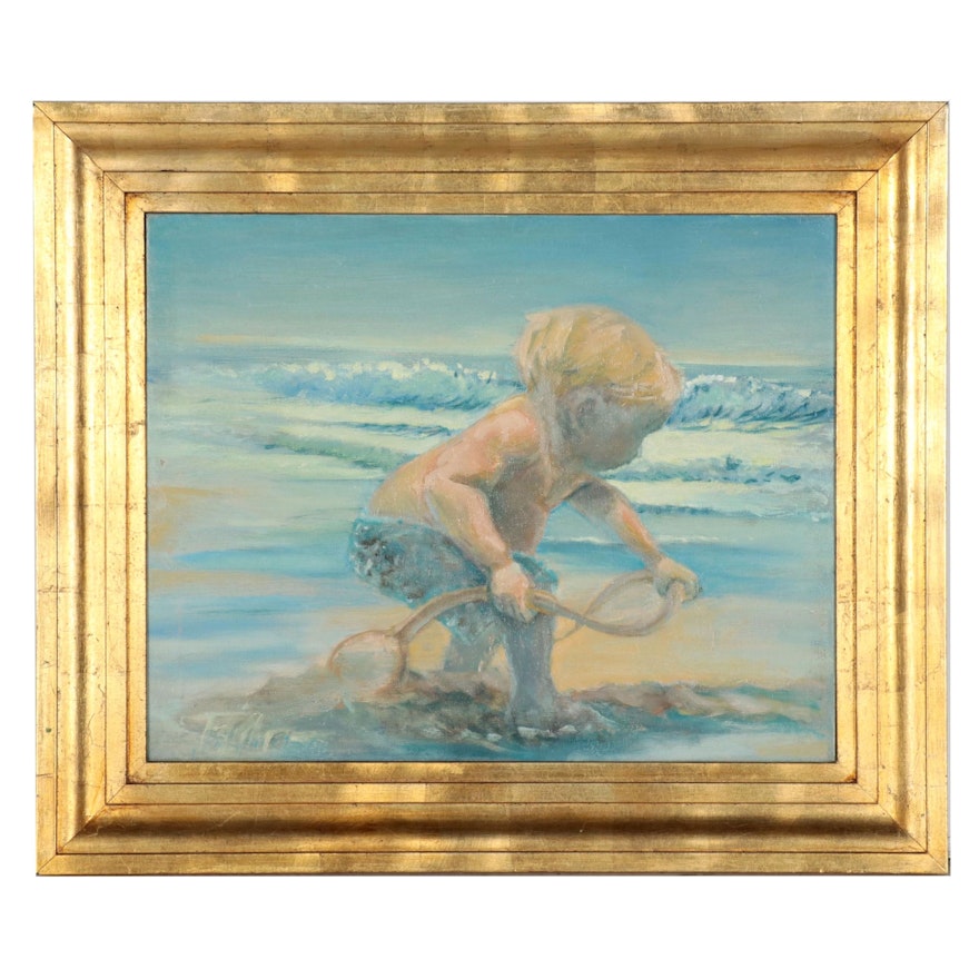 Oil Painting of Child at the Beach, Late 20th Century