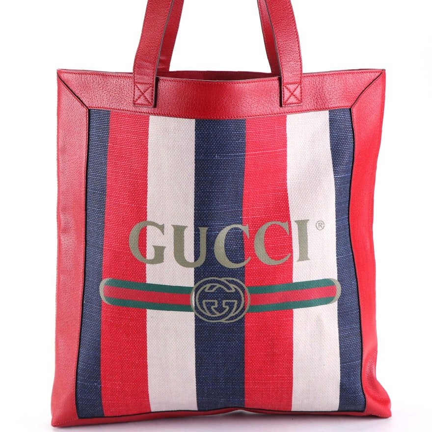 Gucci Tricolor Striped Canvas Tote with Cinghiale Leather Trim
