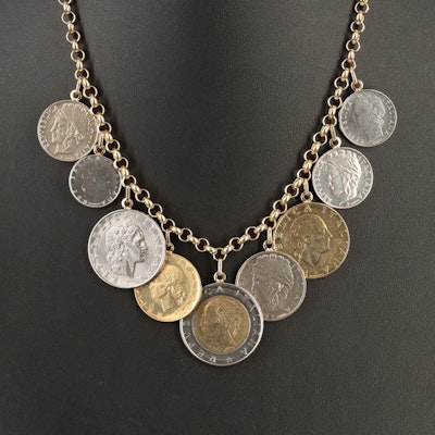 Italian 14K Necklace with Modern Italian Coins of Varying Denominations