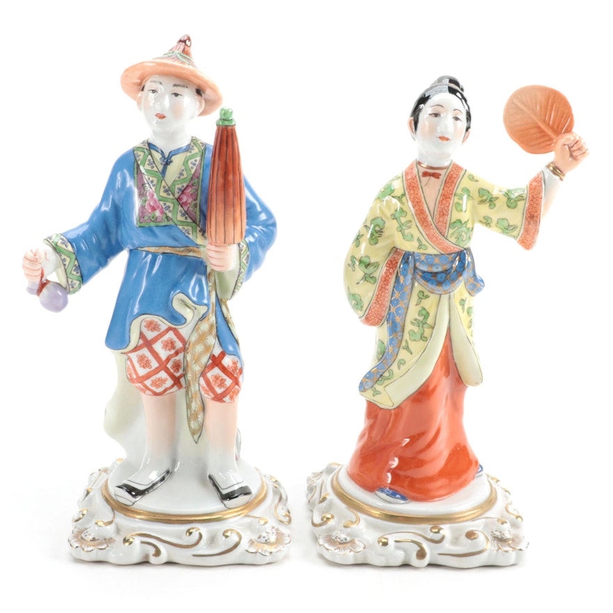 Chelsea House Hand-Painted Porcelain Male and Female Chinoiserie Figures