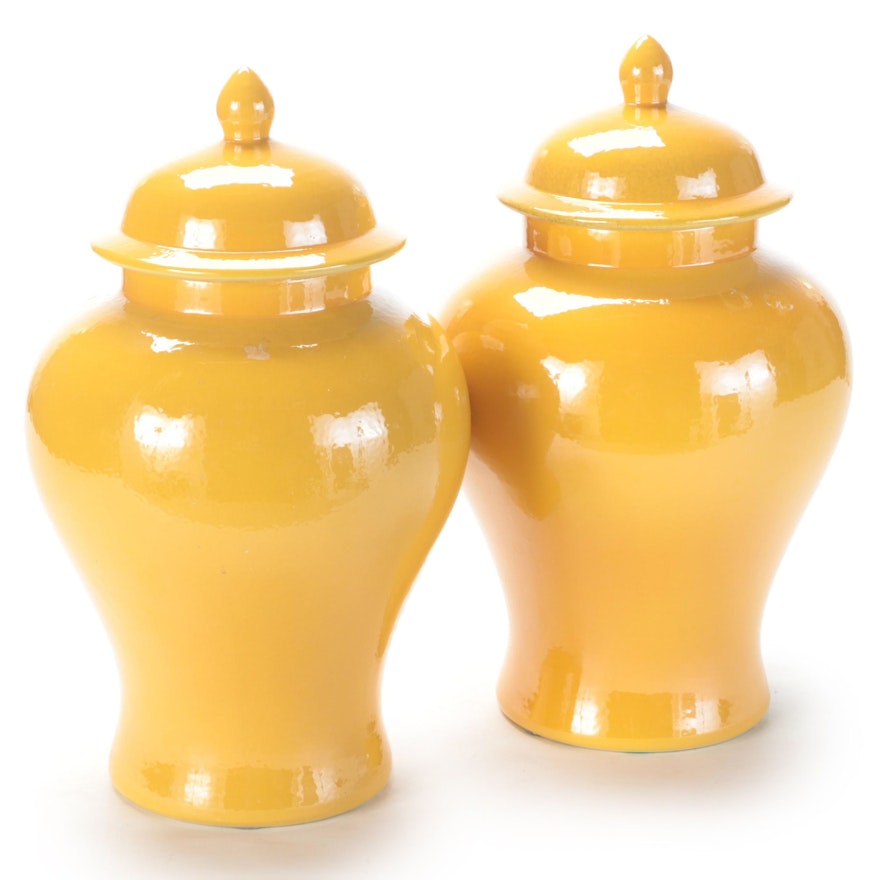 Pair of Tozai Home Imperial Yellow Glazed Porcelain Temple Jars