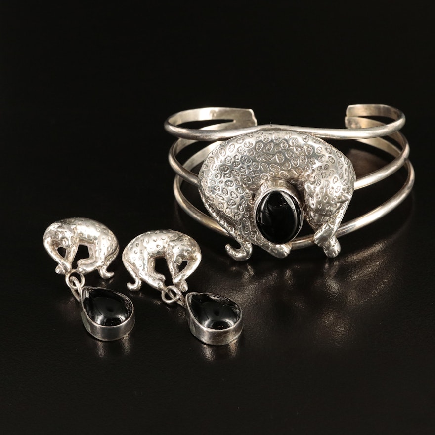 Carol Felley 1998 Leopard Black Onyx Bracelet and Earrings Set
