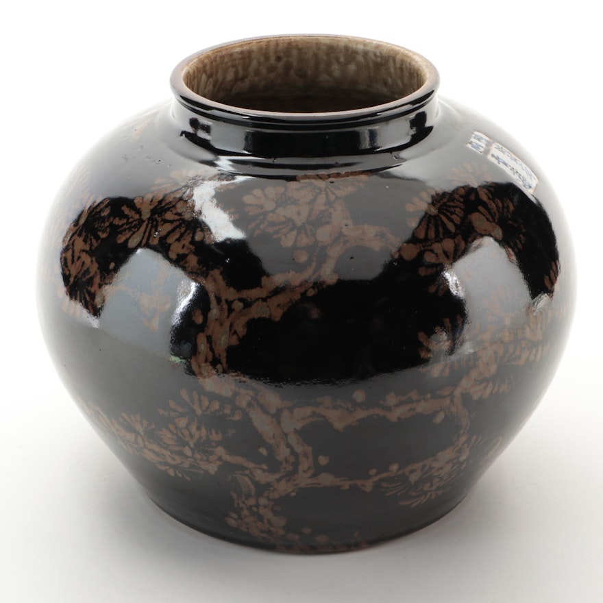 Japanese Stoneware Bamboo Motif Ceramic Jar