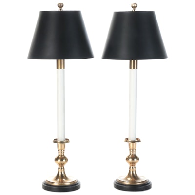 Pair of Frederick Cooper Brass Candlestick Buffet Lamps with Black Paper Shades