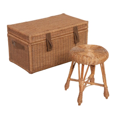 Pottery Barn Wicker Storage Chest with Rattan Stool