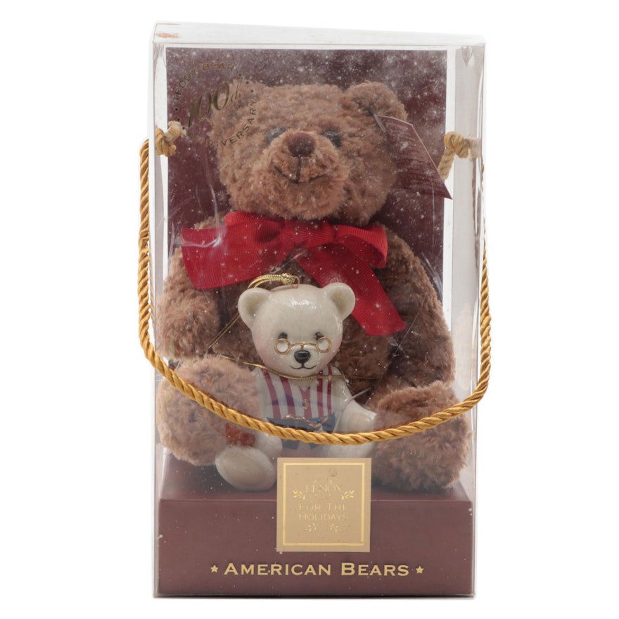 Lenox "American Bear" Bone China Teddy Ornament and Plush Bear