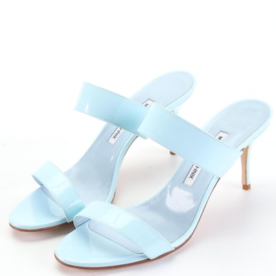 Manolo Blahnik 70mm Scolto Sandals in Pale Blue Patent Leather