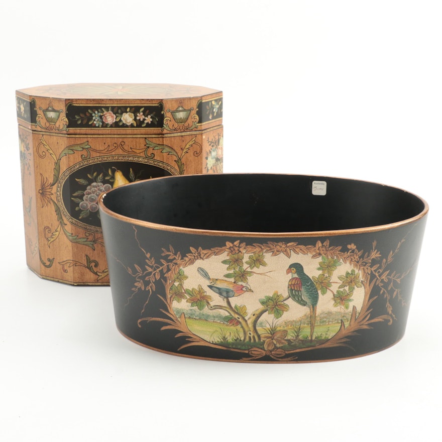 Neoclassical Style Tole Decorated Lidded Box and Bird Motif Planter