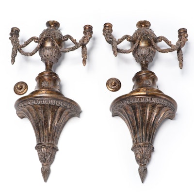 Pair of Neoclassical Style Patinated Composite Urn and Laurel Candle Sconces