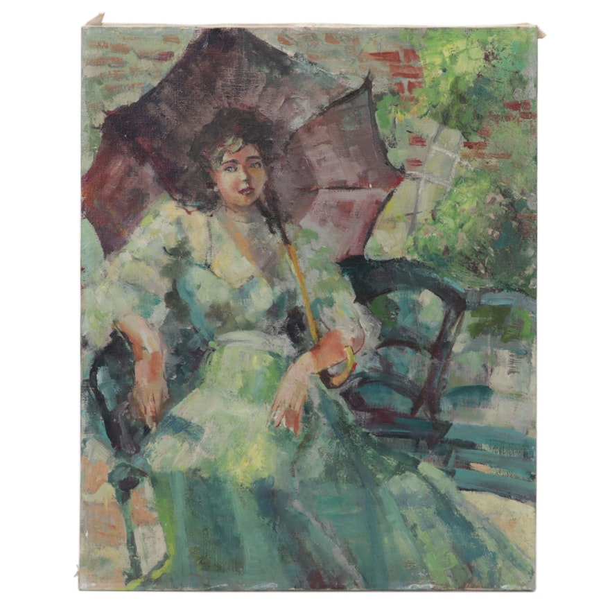 Portrait Oil Painting of Young Woman Holding Parasol, Mid-20th Century
