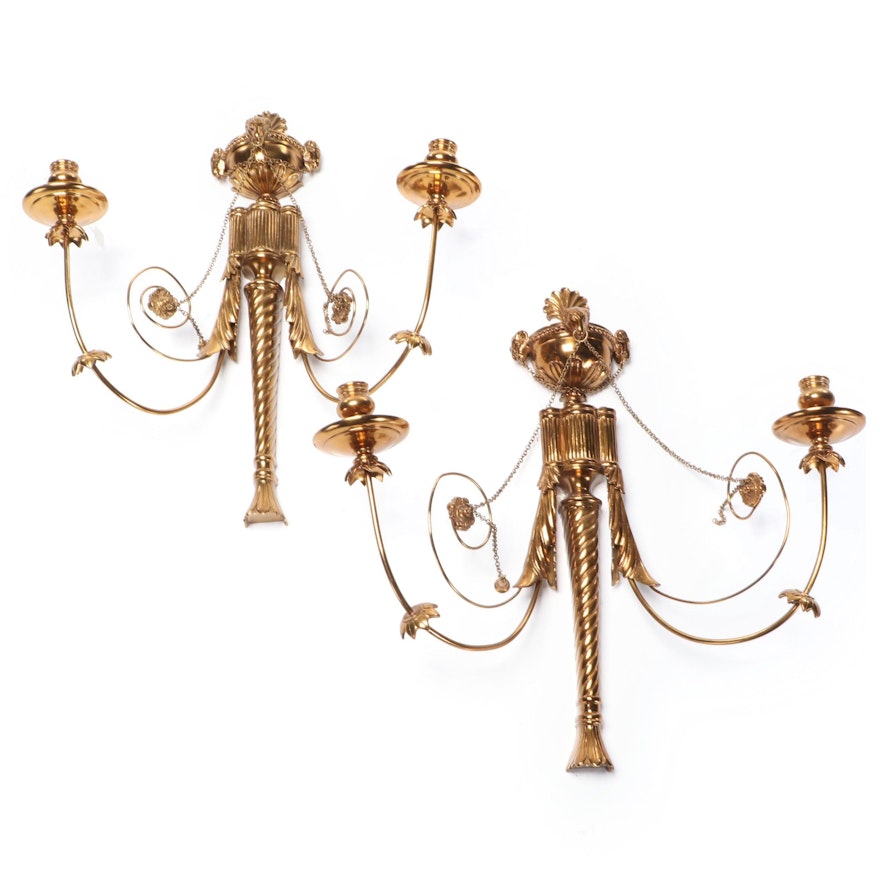 Pair of French Empire Style Scrolled Gilt Metal Candle Sconces